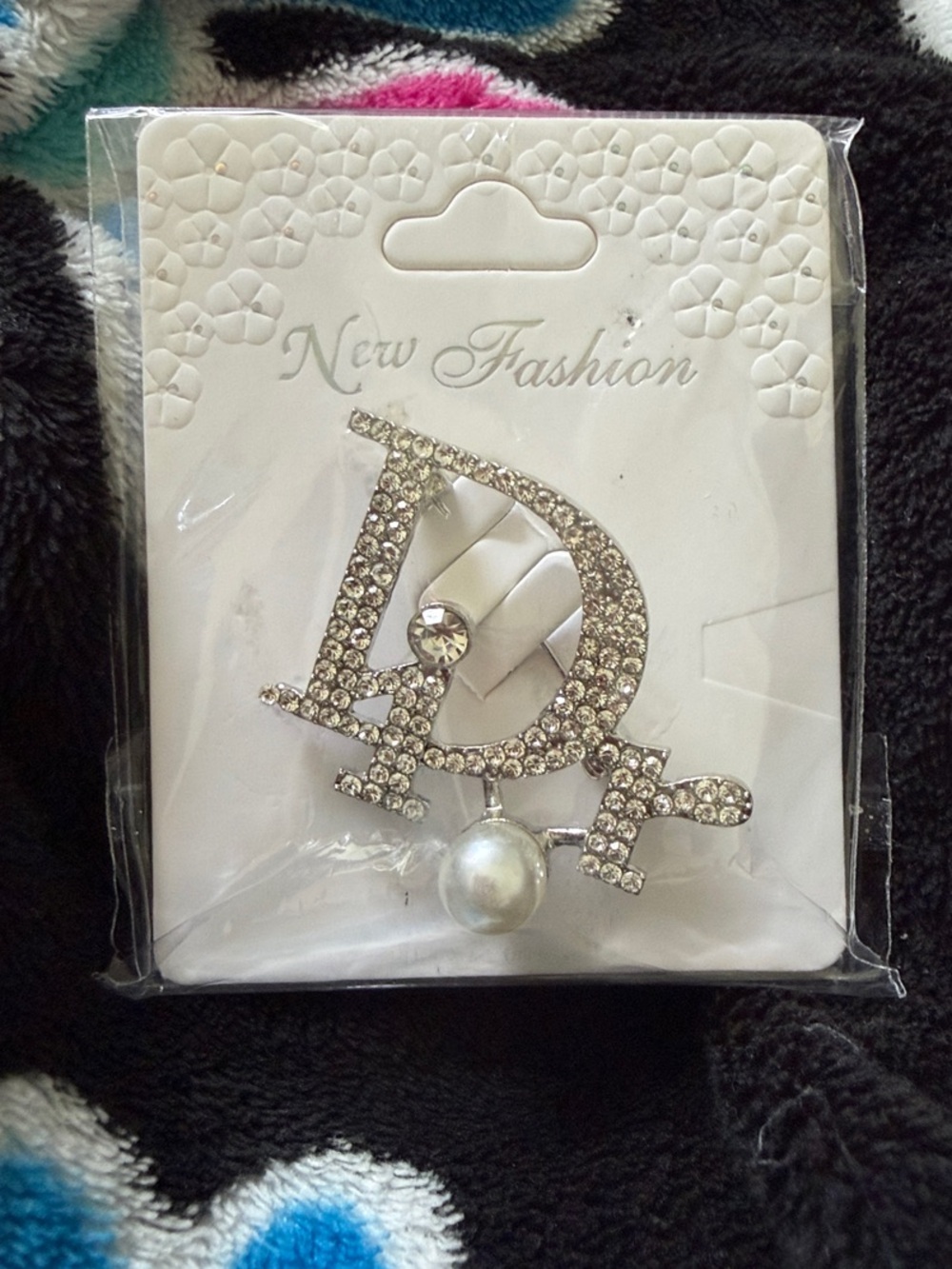 Silver Crystal 'D' Pin Brooch with Pearl Accent - White